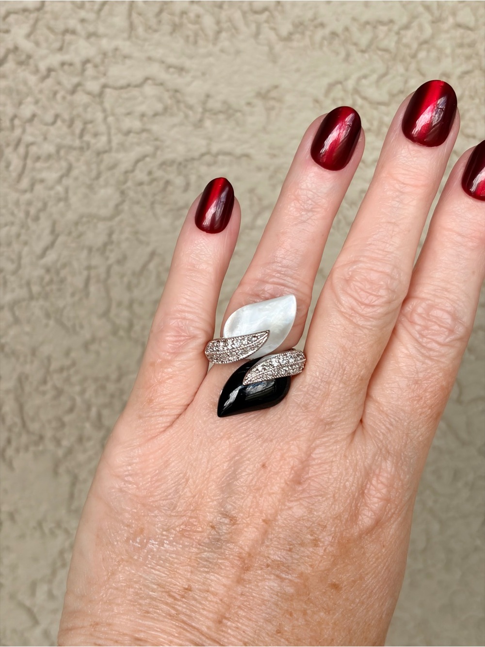 Camille Lucie Silver Plated Black and White Glass Leaf Statement Ring Pave CZ